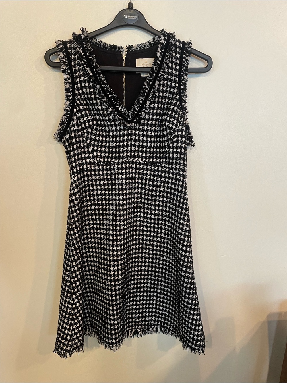kate spade Black & White Houndstooth Fringe V‑Neck Mini Dress